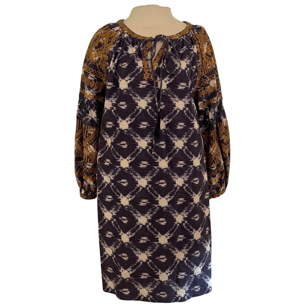 Ivy Jane Blue Womens Dress Tunic Ikat Print Embroidered Boho Cotton Linen Size L